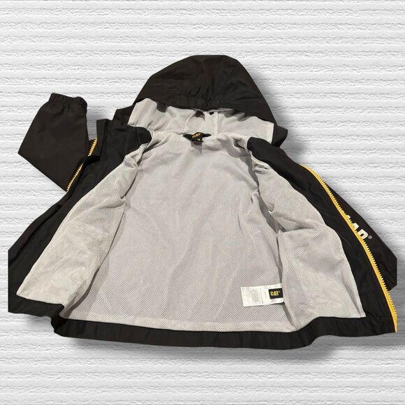 CAT Caterpillar Black Hooded Windbreaker Jacket 24M Yellow Zip Outdoor Coat - Picture 5 of 7